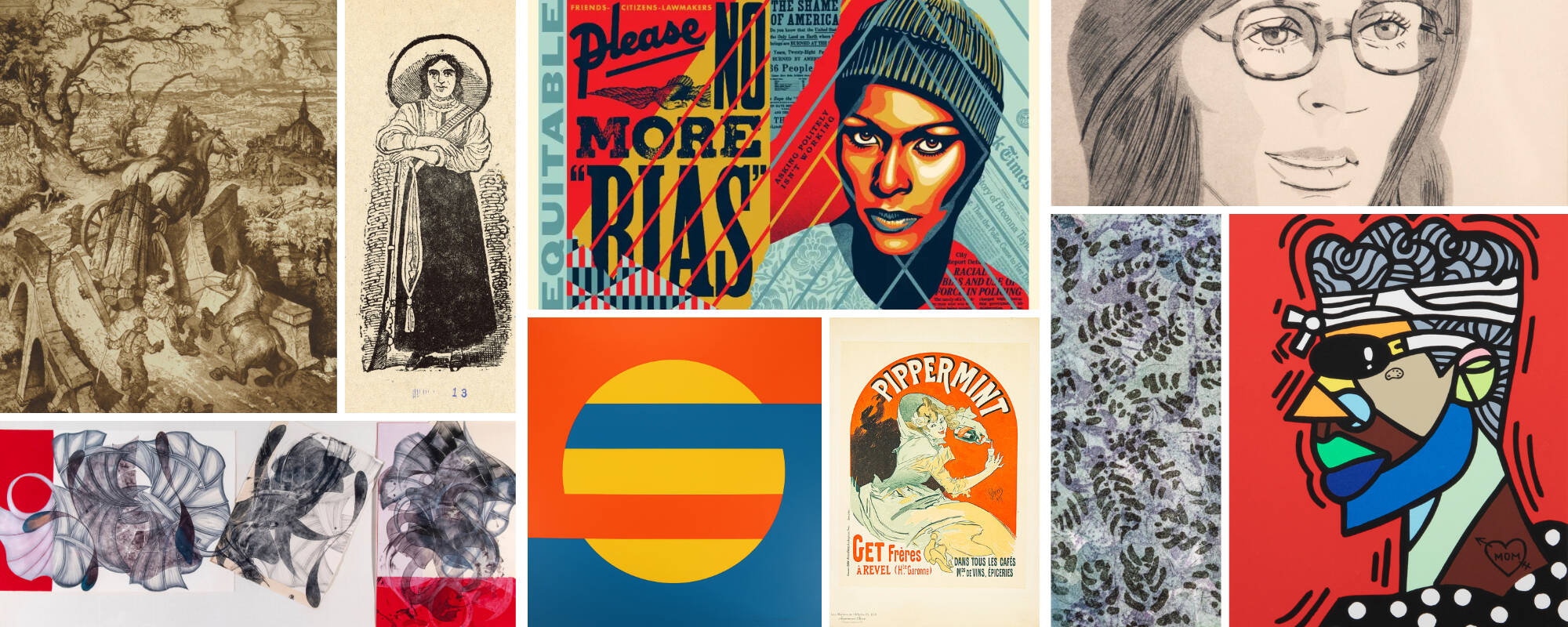Collage of nine different works of art from the GVSU Art Museum Collection that represent various printmaking techniques.